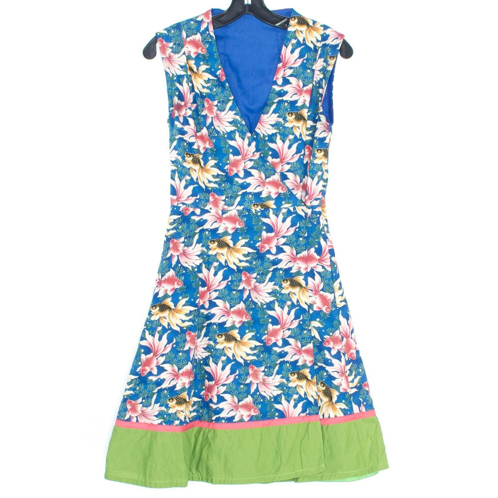 Handmade Dress Wrap Koi Fish Retro Feminine Boho‎ Garden Party Summer Blue XS